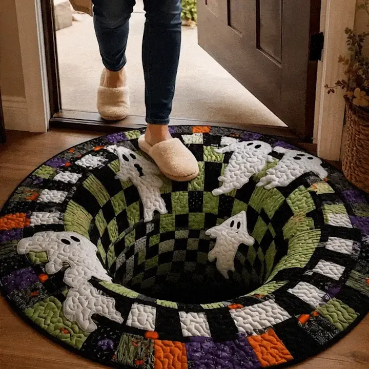 Ghost-pattern 3D Vortex rug placed flat in an entryway